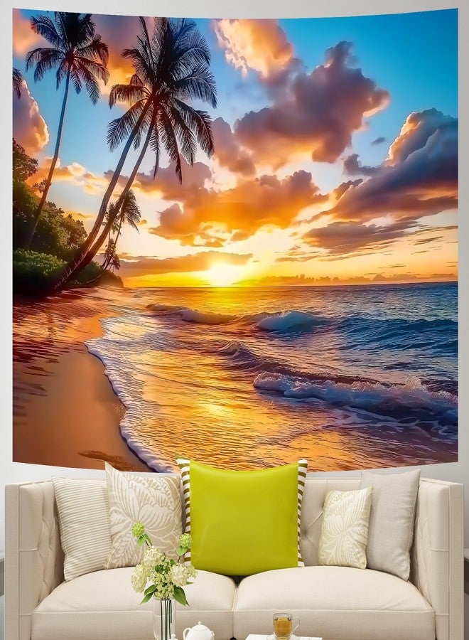 AOHMPT Ocean Sunset Tapestry, Beach Evening Sunset Tapestry, Natural Beach Palm Tree Landscape Poster, Seaside Landscape Wall Hanging for Bedroom, Dorm Room and Living Room Wall Decor 79" L x 59" W - Image 2